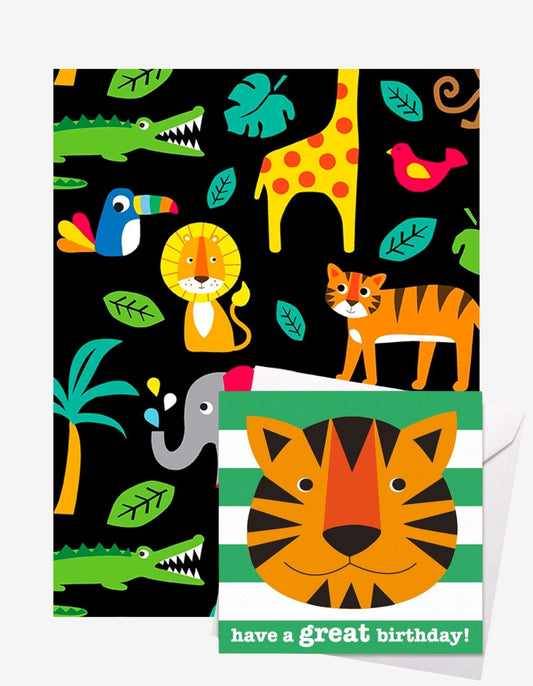 Birthday Jungle Gift Wrap + Personalised Card Bundle - Toby Tiger