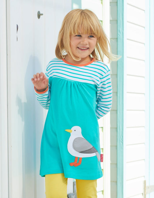 Organic Teal Seagull Applique Dress - Toby Tiger UK Retail