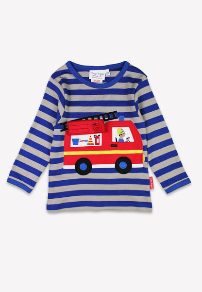 Organic Blue Fire Engine Applique Long - Sleeved T-Shirt - Toby Tiger