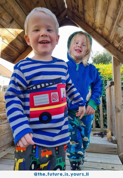 Organic Blue Fire Engine Applique Long - Sleeved T-Shirt - Toby Tiger