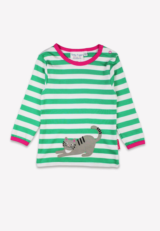 Organic Green Kitten Applique Long - Sleeved T-Shirt - Toby Tiger