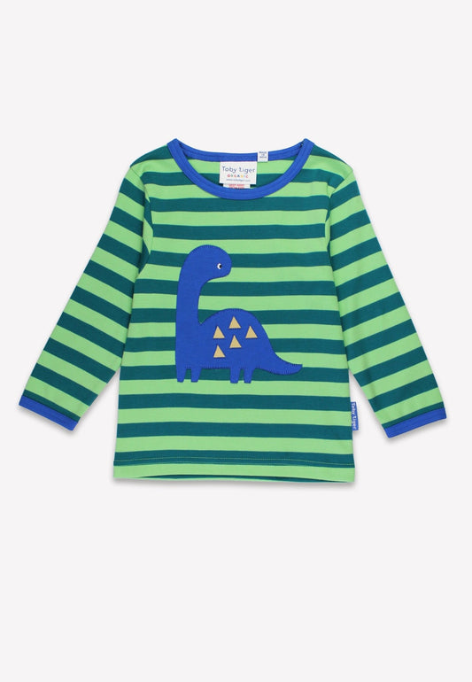 Organic Green Tonal Dinosaur Applique Long - Sleeved T-Shirt - Toby Tiger