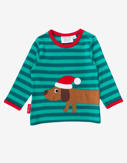 Organic Christmas Dog Applique Long - Sleeved T-Shirt - Toby Tiger UK Retail