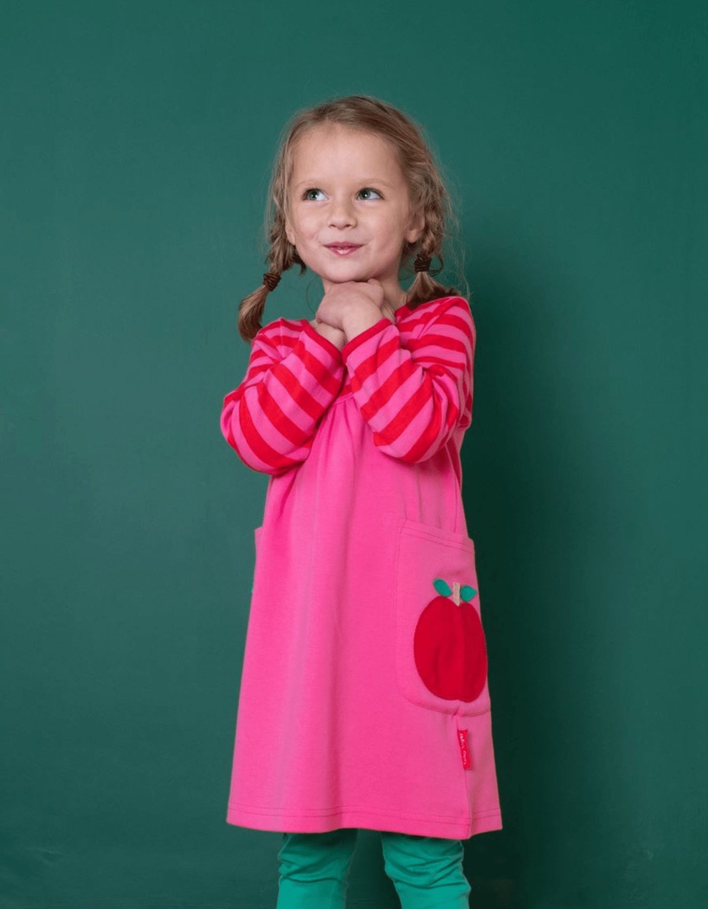 Organic Apple Applique Long - Sleeved Dress - Toby Tiger UK Retail