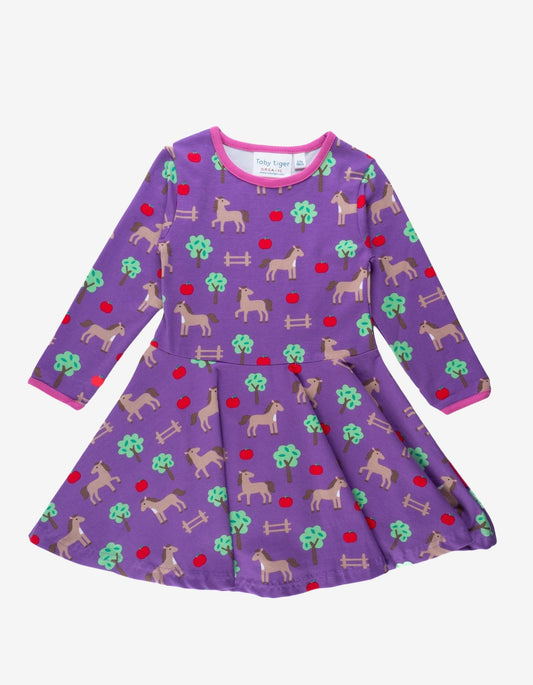 Organic Horse Print Long - Sleeved Skater Dress - Toby Tiger UK Retail