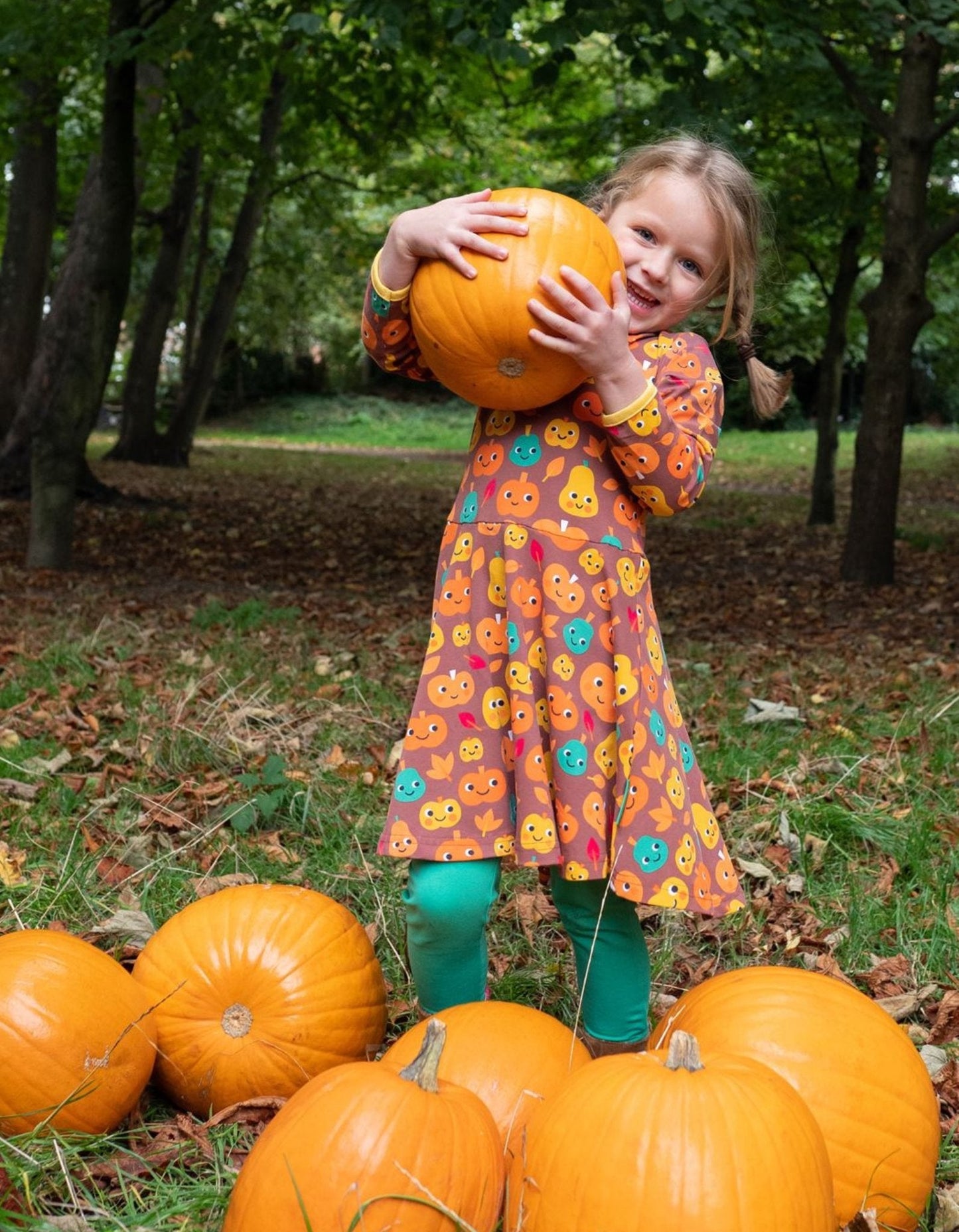 Organic Pumpkin Print Long - Sleeved Skater Dress - Toby Tiger UK Retail