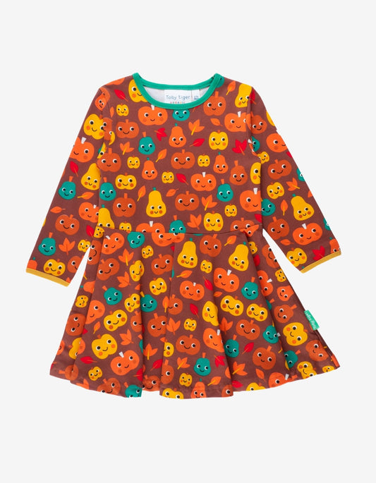 Organic Pumpkin Print Long - Sleeved Skater Dress - Toby Tiger UK Retail