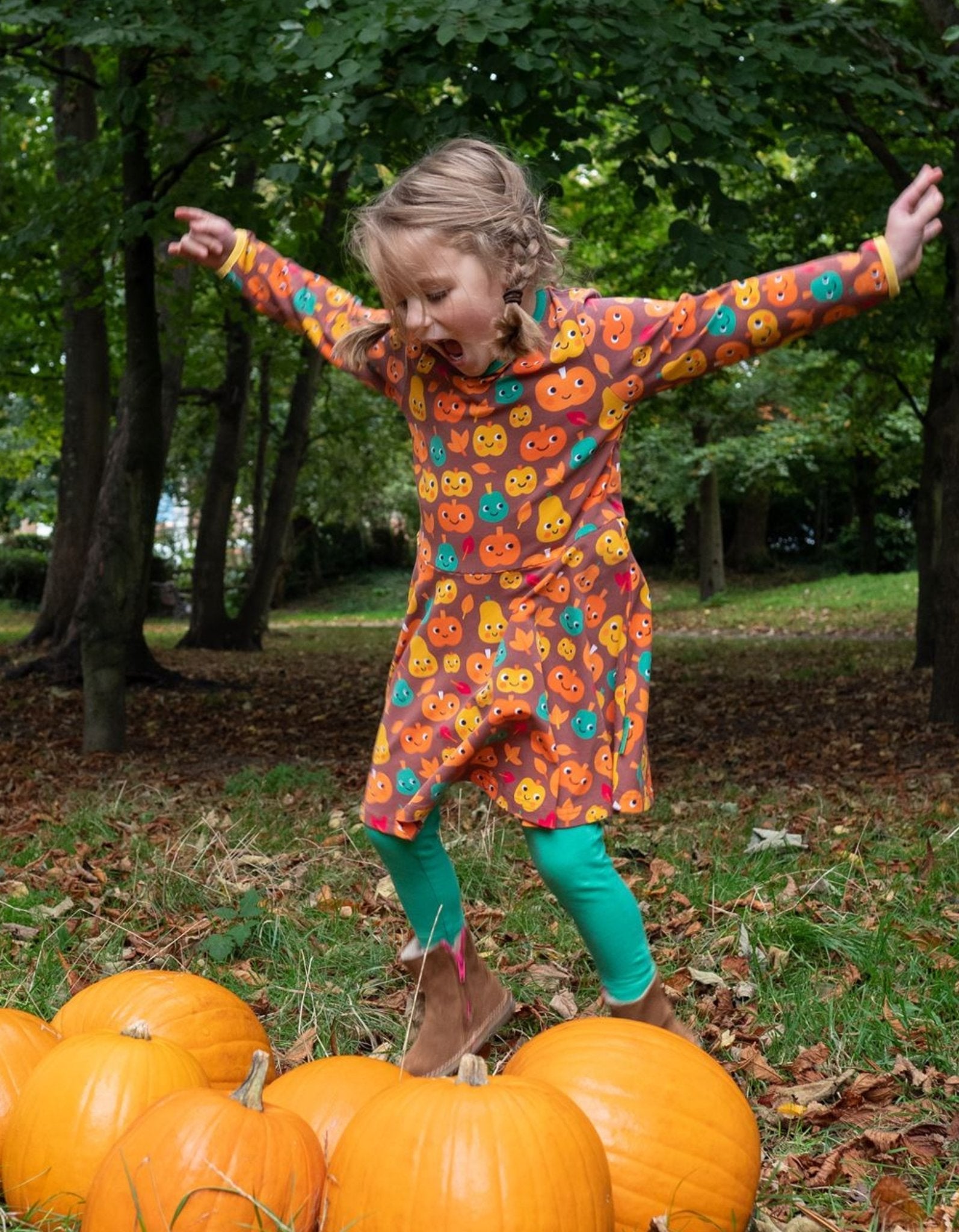 Organic Pumpkin Print Long - Sleeved Skater Dress - Toby Tiger UK Retail