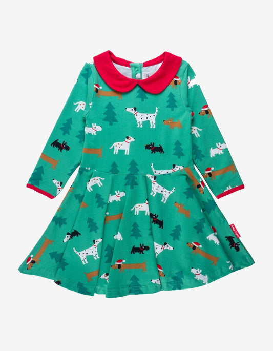 Organic Christmas Dog Print Long - Sleeved Skater Dress - Toby Tiger UK Retail