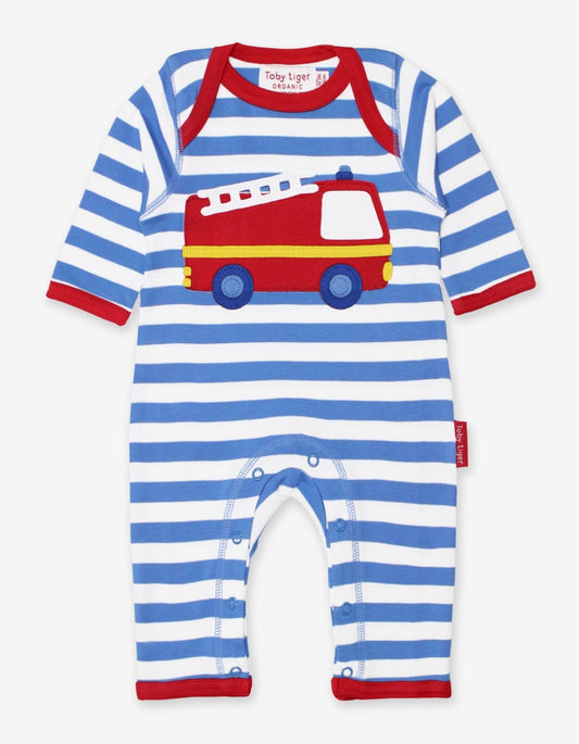 Organic Fire Engine Applique Sleepsuit - Toby Tiger UK Retail