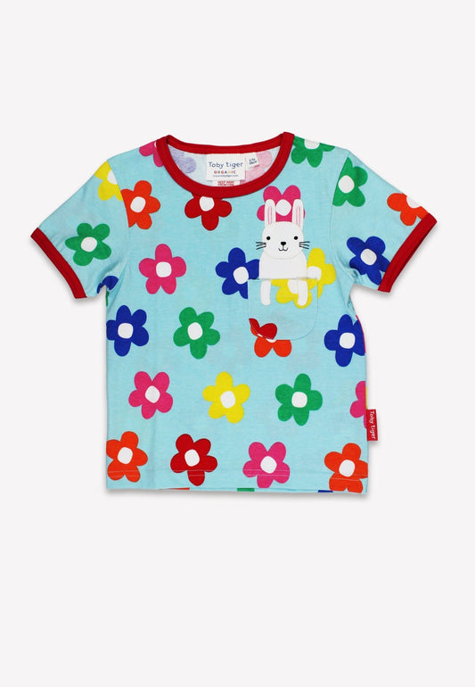 Organic Rainbow Bloom Bunny Pocket Applique Short Sleeved T-Shirt - Toby Tiger