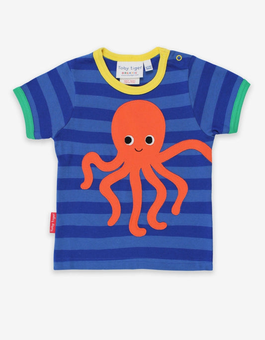 Organic Octopus Applique Dark Blue Striped T-Shirt - Toby Tiger UK Retail