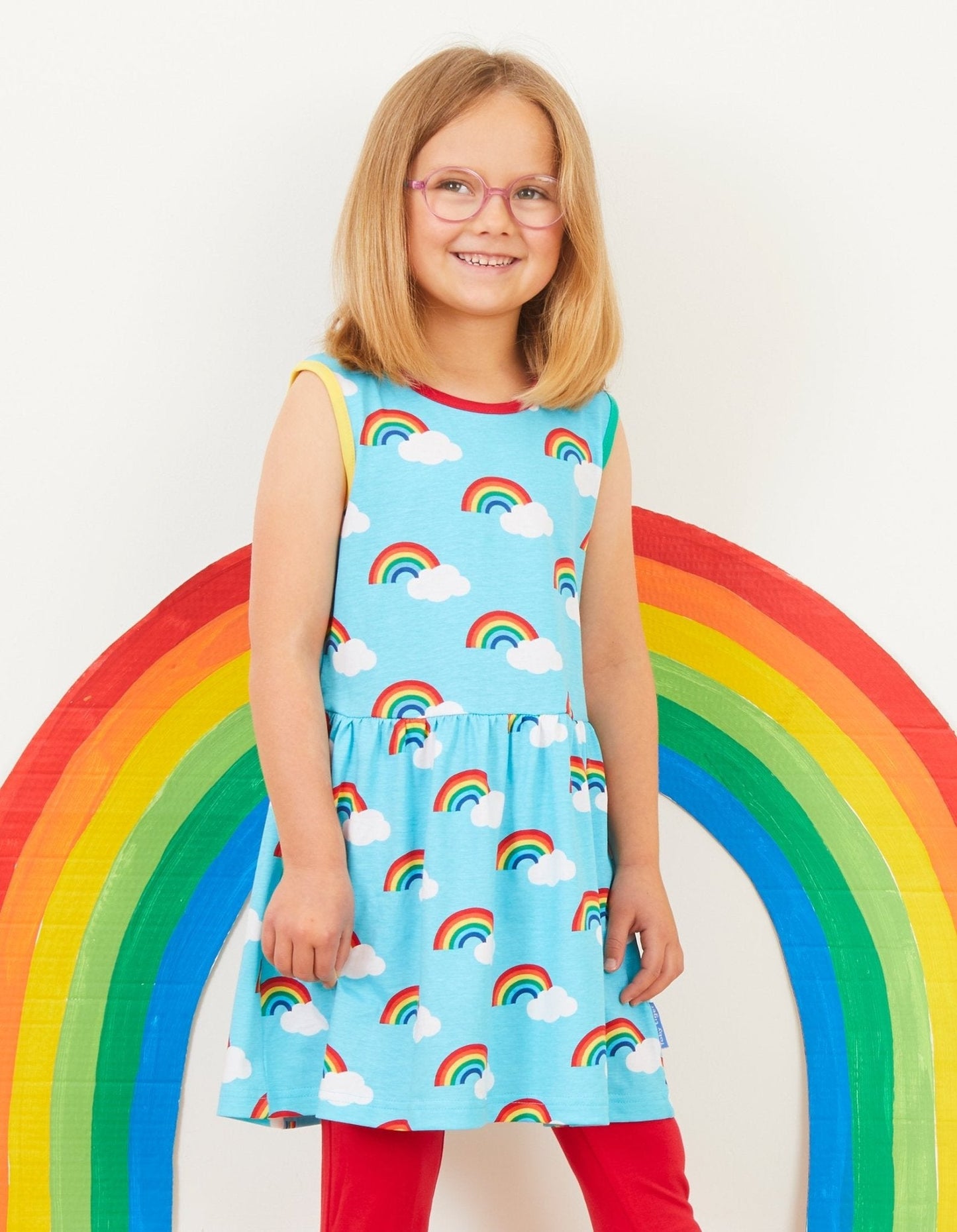 Organic Turquoise Rainbow Print Summer Dress - Toby Tiger UK Retail