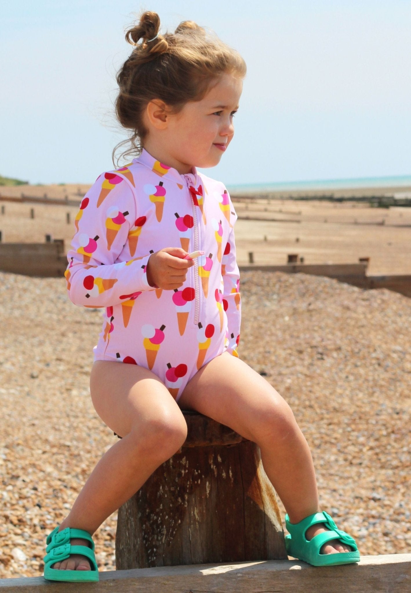 Ice Cream Cones Print Long - Sleeved Kids' Swimsuit - Toby Tiger